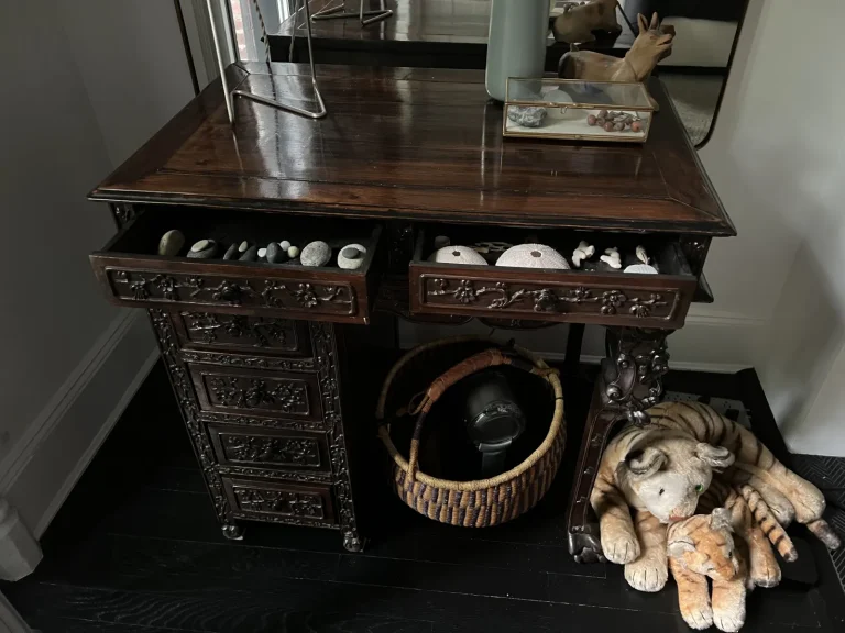 Antique Chinese carved desk before damage repair by Olek Inc.